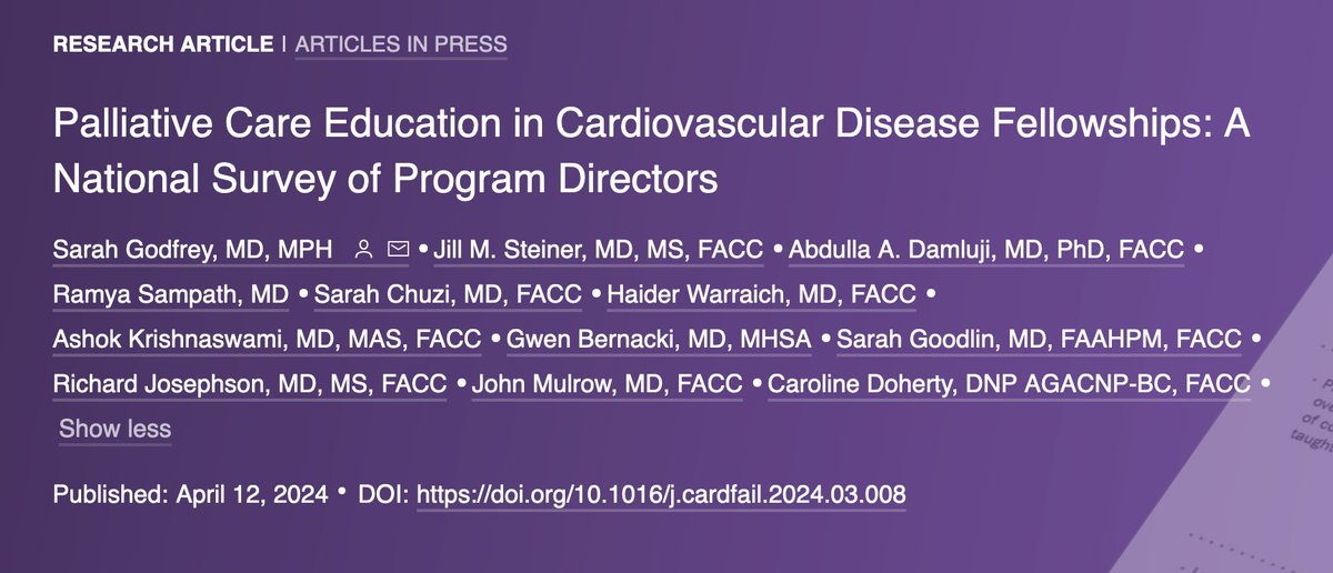 Excited to share our paper exploring successes and opportunities for growth in #palliativecare education in #cardiology fellowships. Grateful for the thoughtful contributions of our all-star team! @SarahChuzi @DrDamluji @haiderwarraich @Gwen_Bernacki @steiner_md