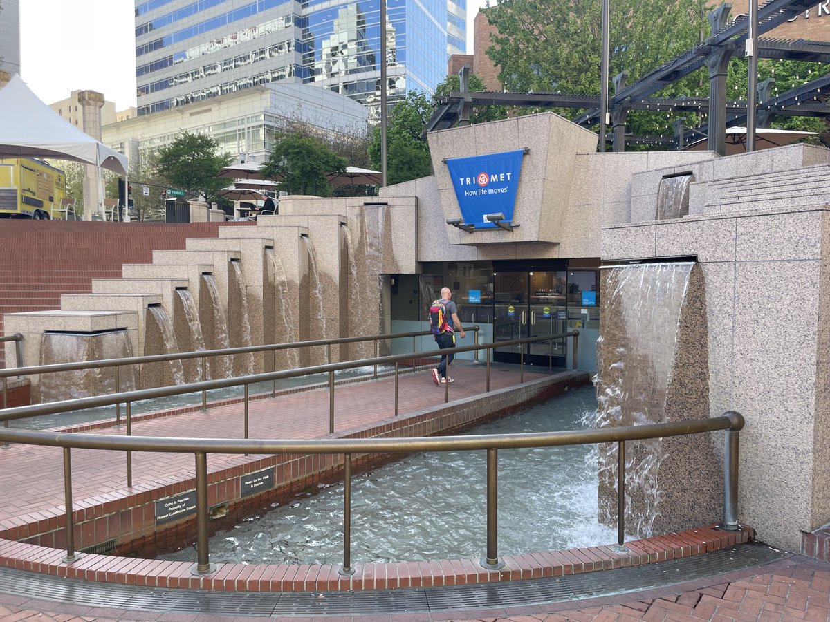 Portland's downtown public transit information center is inside of a fountain.