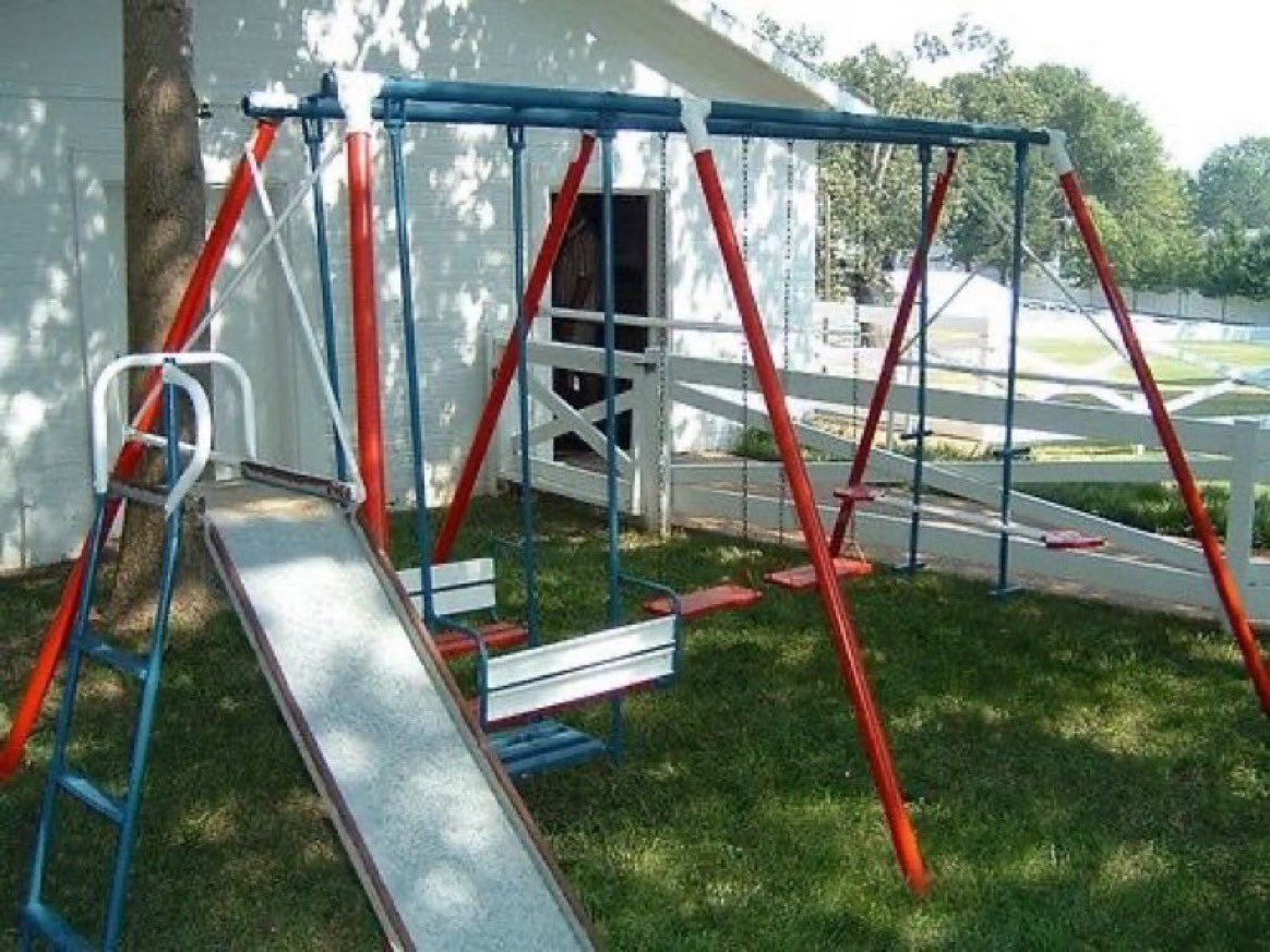 It isn’t an authentic 70s swing set if one leg isn’t popping up out of the fucking ground once somebody really gets going on that son of a bitch.