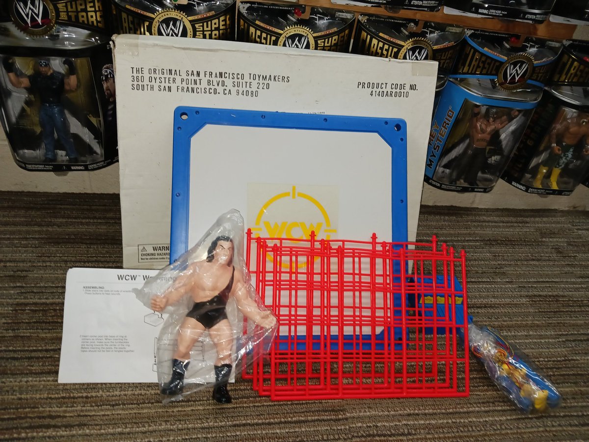 This is Another Very Rare Cool Exclusive Set that We have added! Looks like a JCPenney/Sears Exclusive. This One instead looks like might have been Ordered from OSFTM from Labels on Box. This Very Cool Set included WCW Ring and Cage and also an OSFTM Giant Figure!