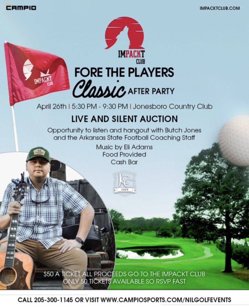 Impackt Club (@impackt_club) on Twitter photo If you can’t make it to the golf tournament on Friday, come to the after party at JCC and meet with Coach <a href="/CoachButchJones/">Butch Jones</a> and <a href="/AStateFB/">Arkansas State Football</a>. Food is provided with your ticket and a cash bar will be available.
Wolves Up! If you can’t make it to the golf tournament on Friday, come to the after party at JCC and meet with Coach <a href="/CoachButchJones/">Butch Jones</a> and <a href="/AStateFB/">Arkansas State Football</a>. Food is provided with your ticket and a cash bar will be available.
Wolves Up!