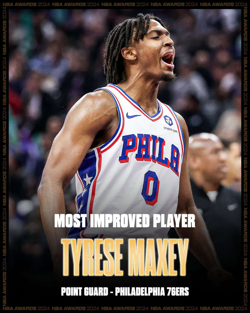 ESPNNBA's tweet photo. PHILLY STAND UP‼️ 

Tyrese Maxey is the NBA's 2024 Most Improved Player 🔥 https://t.co/W9pjBrpbuk