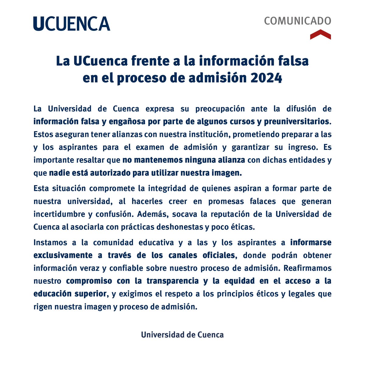 udecuenca's tweet photo. #ComunicadosUCuenca | Recordamos que nuestra universidad no tiene alianzas con cursos ni preuniversitarios y nadie puede garantizar el ingreso a la UCuenca. 

🔺Toda la información sobre el proceso de admisión 2024 estará disponible únicamente en nuestros canales oficiales. 🔺 https://t.co/ZHOEq0iQhV