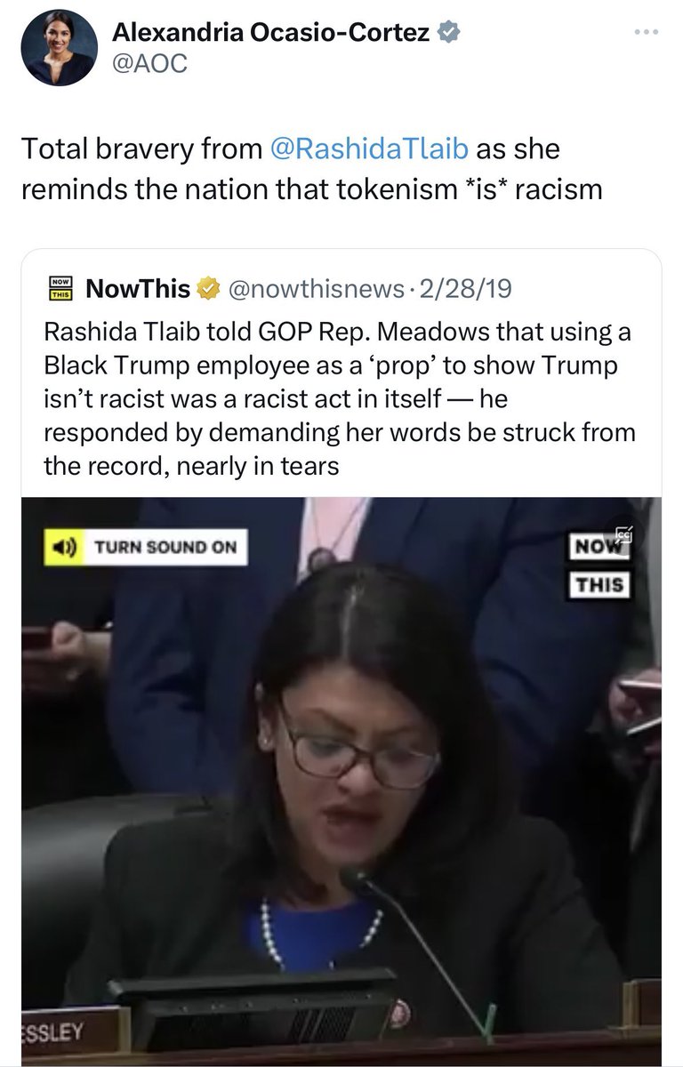 AOC and Rashida Tlaib went around for days yelling tokenism is racism because a Black former Trump employee said they didn’t think he was racist. But now they run around citing explicitly pro-Hamas token Jews to claim there is no anti-Semitism among the group.