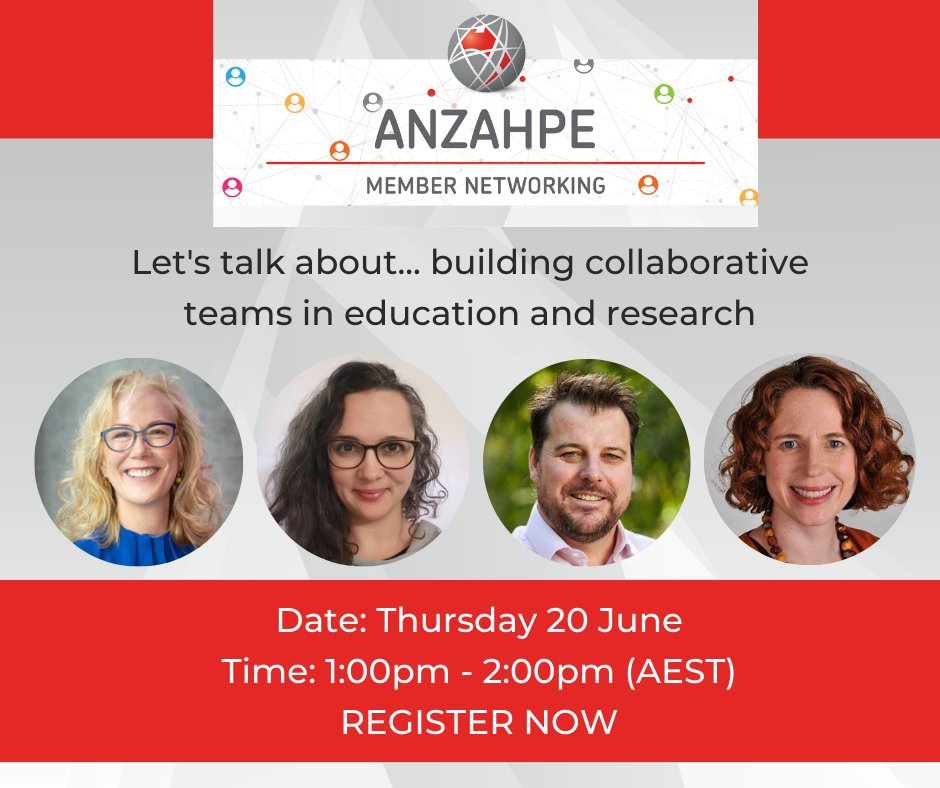 HAVE YOU REGISTERED for our upcoming Member Networking Session: 'Let's talk about... building collaborative teams in education and research' with Tina Brock, Ellie Davies, Scott McCoombe and Rebecca Grainger Thursday June 20 at 1:00pm (AEST) Register here: anzahpe.org/event-5488225
