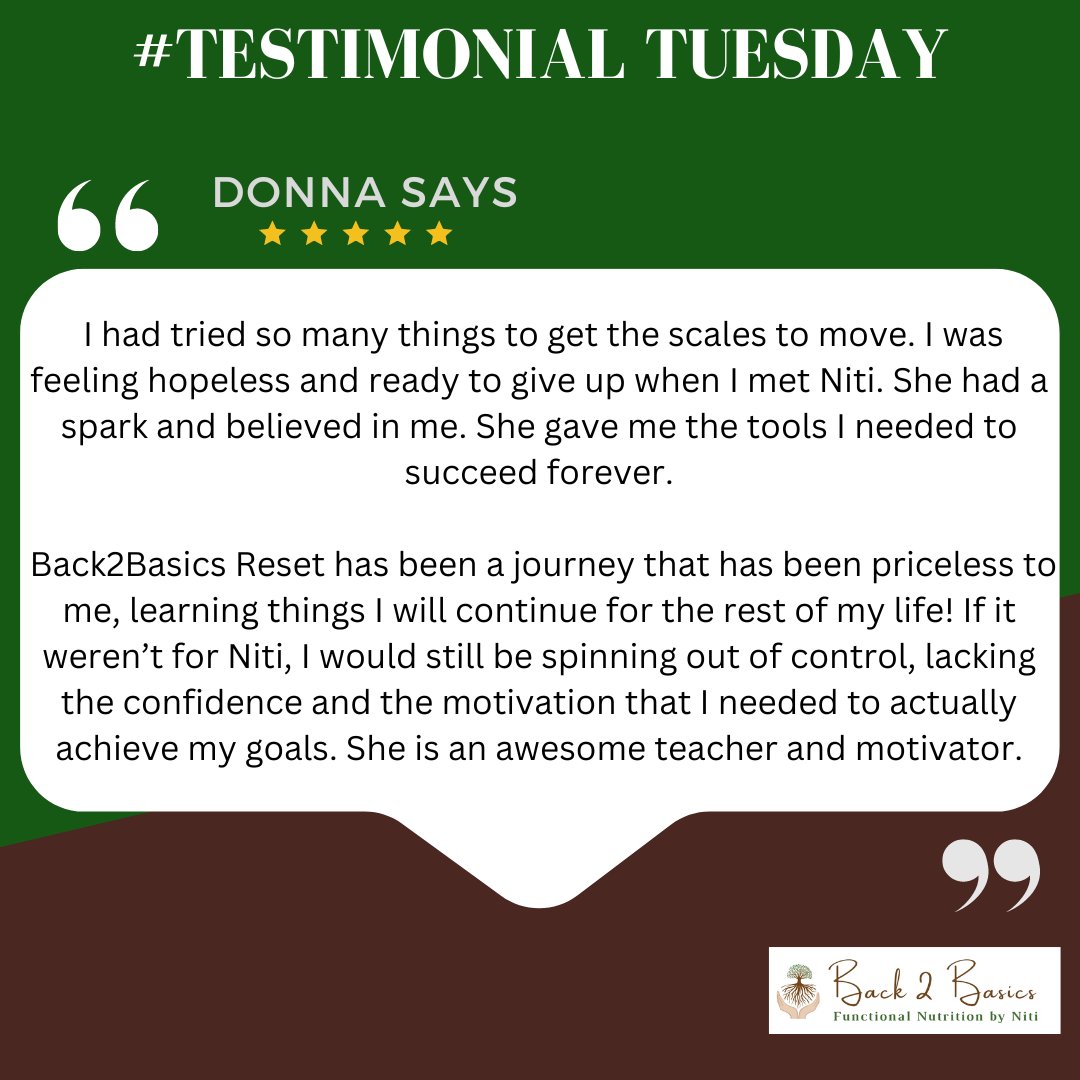 Donna embraced the Back2Basics Reset as part of her metabolic journey and here is how she described her successes:)
#TestimonialTuesday #Back2BasicsbyNiti
#Functionalmedicine #Functionalnutrition
#DallasFunctionalNutritionist #hormonebalance #weightlossforgood #overcomefatig...