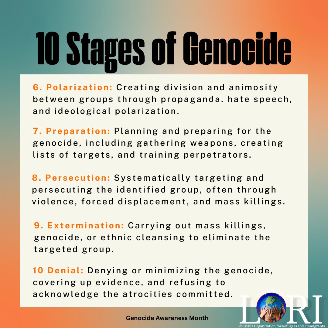 🗣️Understanding the 10 stages of genocide is crucial in identifying warning signs and taking action. Let’s educate ourselves, raise awareness, and stand united against hatred and injustice. #unitedagainstgenocide #genocideawareness #neveragain