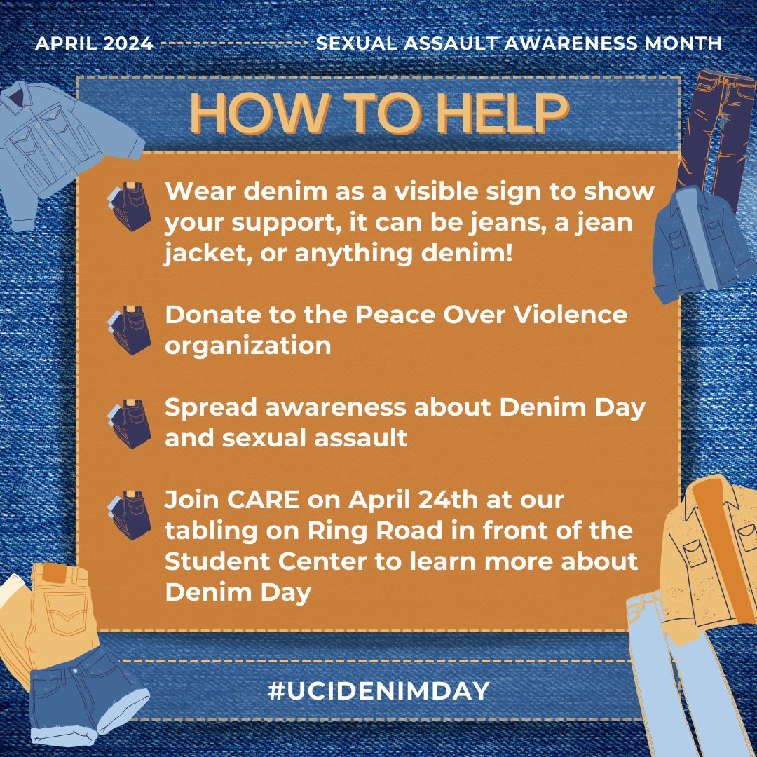 April 24th, the last Wednesday of Sexual Assault Awareness Month, is Denim Day! To learn more visit denimday.org and peaceoverviolence.org/denim-day

The CARE office will also be hosting the Denim Day contest: bit.ly/denimday_conte…

#UCI #UCIrvine #UCICARE #SAAM #DenimDay