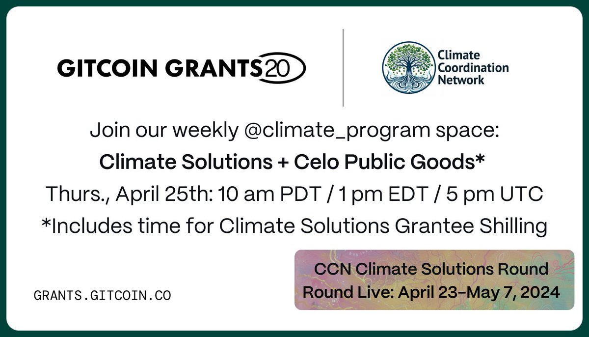 🗓️ Be sure to join the CCN team for this Thursday's Climate Solutions Twitter X Space featuring Celo Public Goods w @MontyMerlin & @LuukDAO AND a chance to shill your Climate project: twitter.com/i/spaces/1rmxP…
#JoinUs