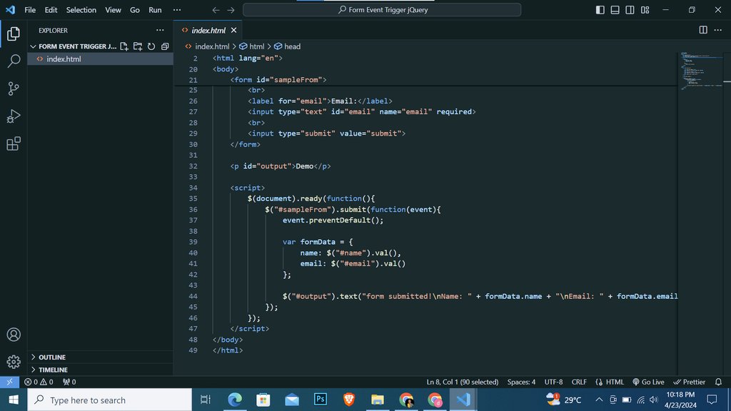 Day 83 #100DaysOfCode of learning #javascript for #frontenddevelopment

Today, I learnt about form event trigger using jQuery.

#javascriptlearning #javascriptdeveloper #webdevelopment  #codechallenge