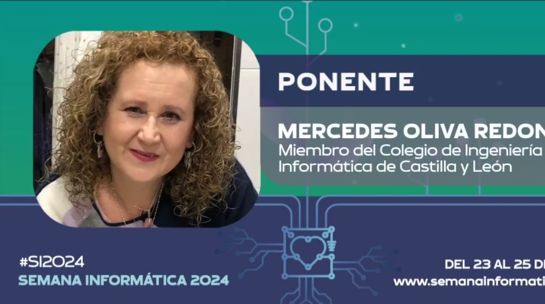 ➡️ Mercedes Oliva <a href="/Meroliva/">Mercedes</a> miembro de la Junta de Gobierno <a href="/CPIICyL/">Ing. Informática CyL</a>  participará en el panel y mesa d debate d la I Jornada d Mujeres en Ingeniería Informática. Presente y futuro de la profesión  Semana Informática 2024 <a href="/COIICV/">COIICV</a> 
🗓️25 de abril  Valencia 
🌐semanainformatica.com/edicion-2024/p…