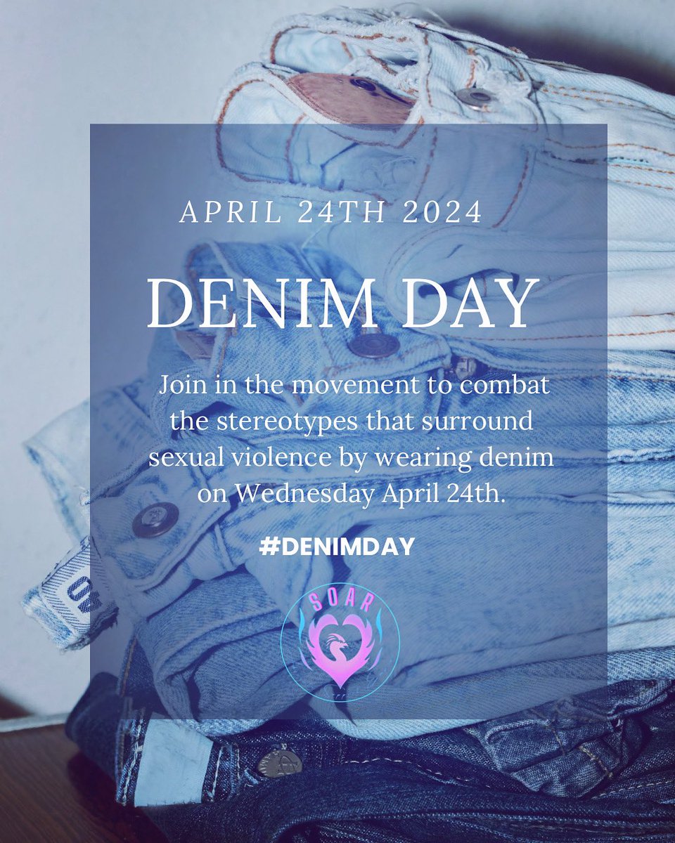 April 24th is Denim Day 👖 For those who are unable to attend any in-person events, virtual participation is easy: wear denim, snap a photo & share to social media with the hashtag #DenimDay. Let’s continue to fight against the stereotypes surrounding sexual violence. 🩵💜💙