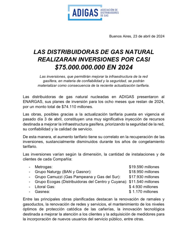 Empresas distribuidoras de gas natural anunciaron inversiones por +$74 mil millones en lo que resta del año.

Una muestra más de que estamos en el camino correcto. Esto significa más y mejor servicio para el usuario, quien ahora ve reflejado el pago de su tarifa en inversiones.