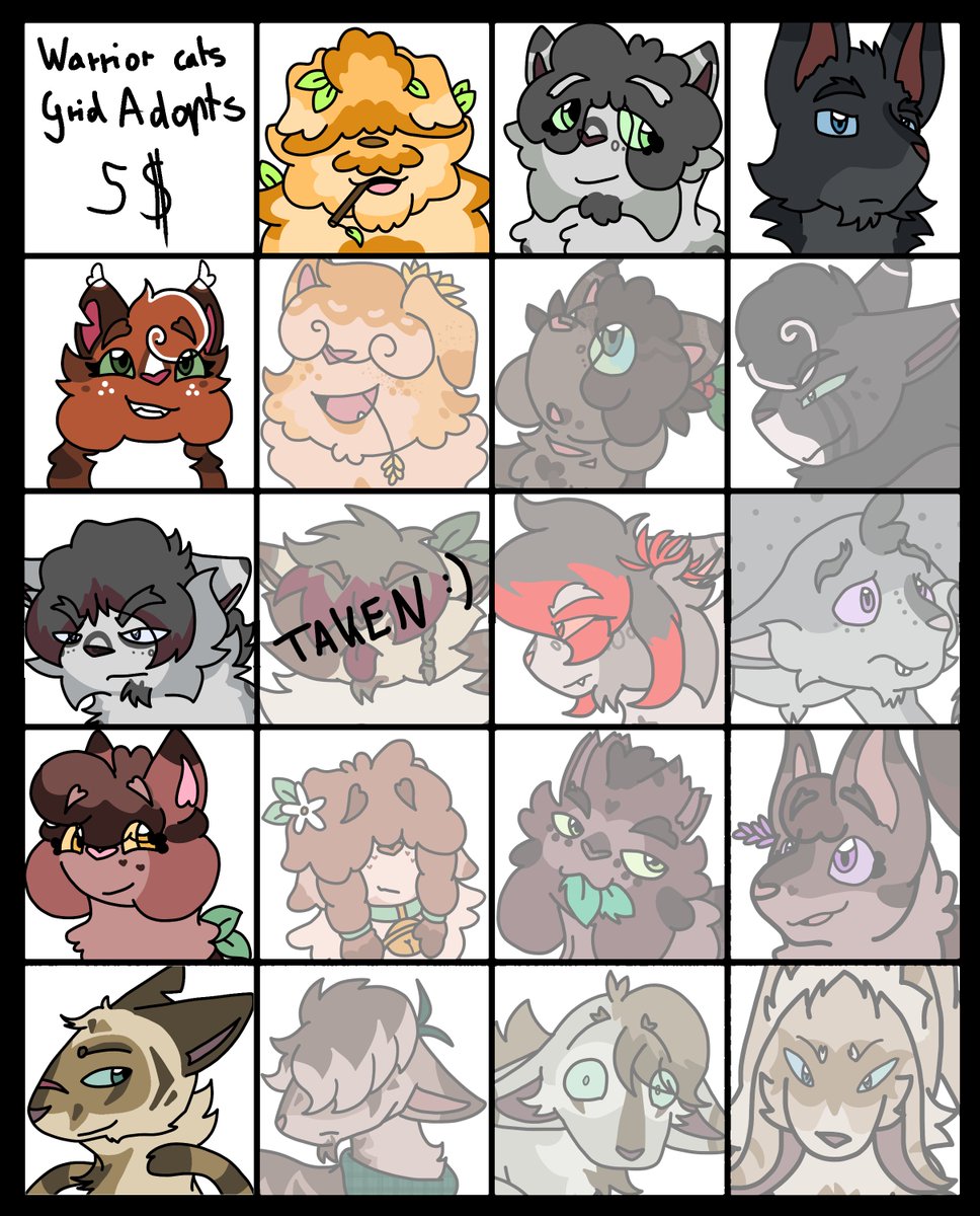 cherry_clawz's tweet image. FINALLY finished my first grid!!
These are all 5 USD each
I accept p/ayp/al only!!
#warriorcats #warriorcatsoc #fusiongrid #fusiongridadopt #adoptables #catadopt