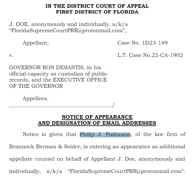 This case just got more interesting: retired @1dca_flcourts judge Phil Padovano has now signed on to represent the anonymous plaintiff in this appeal. It's over whether a state-based 'executive privilege' shields @GovRonDeSantis from certain public records requests.⤵️