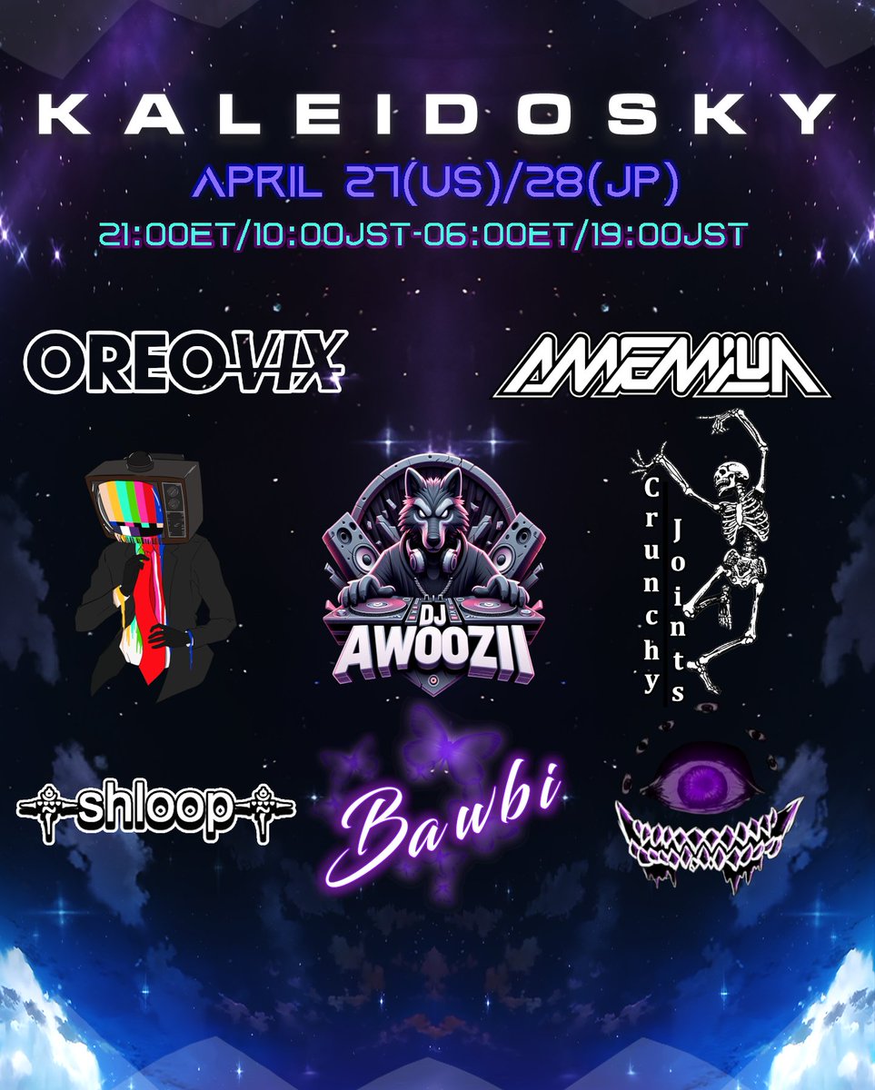 #Kaleidosky this week comes at you with some new faces, and returning artists to relax away the weekend! Join TV4aHead @awoozii @CrunchyJointsVR @Susanoovrc @Amemiya8VRC @Shloop_VRC @Oreovix , and the return of @Bob_Dionysus after a BSOD killed our last chance!