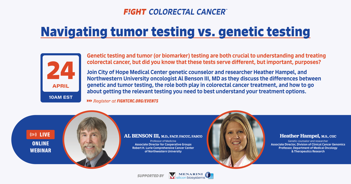 Join us tomorrow for a discussion on the importance of genetic and tumor testing in #ColorectalCancer treatment. @HHampel1 and Al Benson III, MD, will guide us through the differences and how they influence treatment decisions.

fightcrc.zoom.us/webinar/regist…