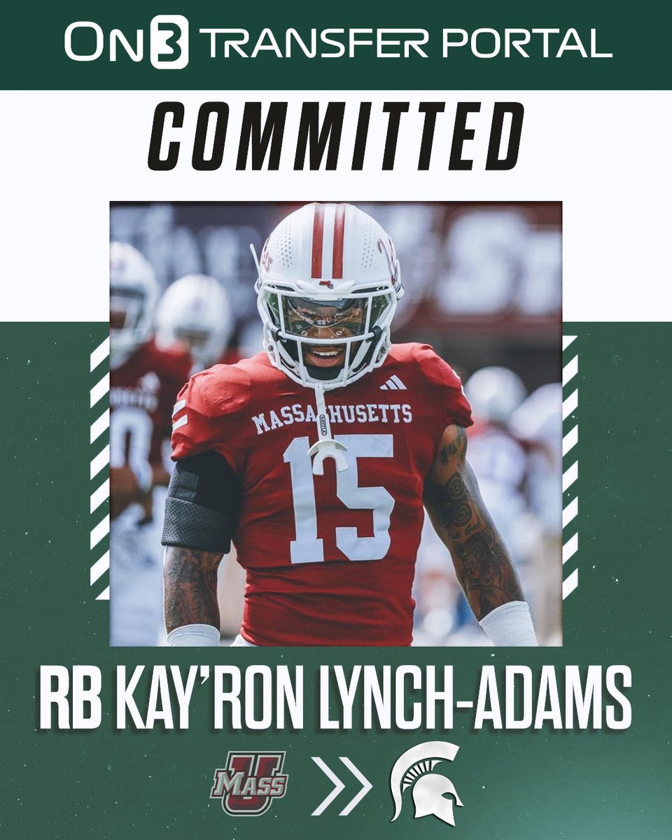 NEWS: UMass running back Kay’Ron Lynch-Adams has committed to Michigan State, @On3sports has learned. He ran for 1,157 yards and 12 scores in 2023. More: on3.com/news/michigan-…