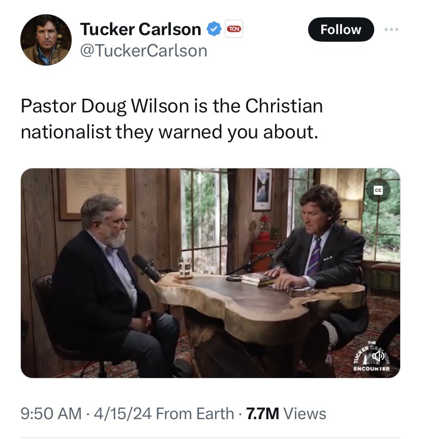 Doug Wilson’s family publishing company published “The Case for Christian Nationalism,” which advocates an ethnically uniform nation ruled by a “Christian Prince.” Why is Tucker trying to normalize Wilson, Wilson’s network, & CN by omitting the most alarming parts? 1/