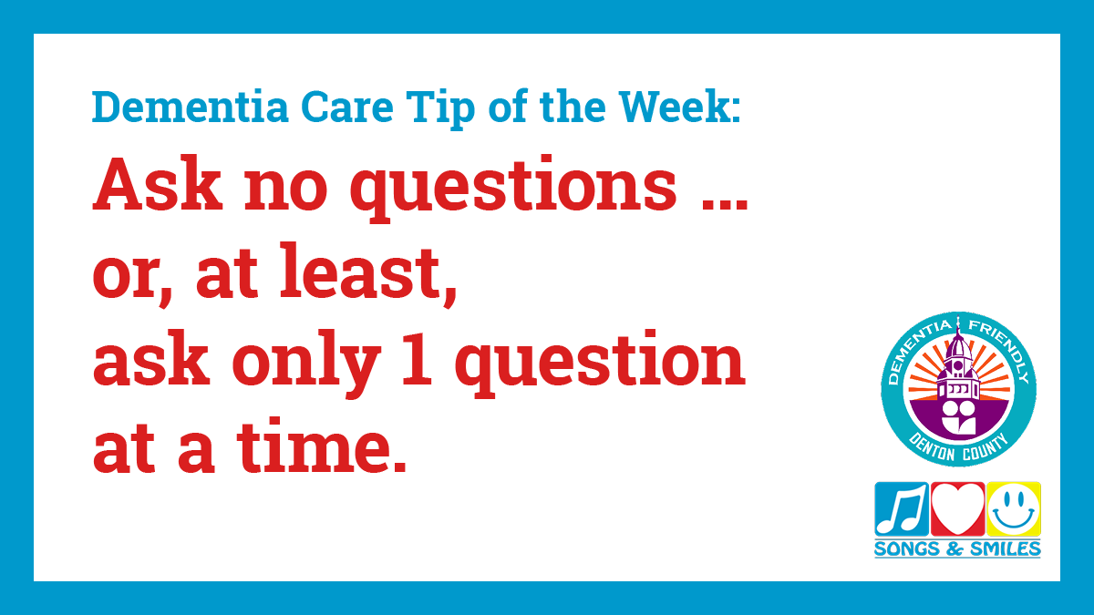 SongsSmiles's tweet photo. When talking with someone living with #dementia, questions can create stress. Keep any necessary questions simple and straightforward. Instead of "What would you like for breakfast?" ask "For breakfast, would you like pancakes or waffles?" #dementiacare #dementiafriendly #caretip https://t.co/GbiStYvTxP