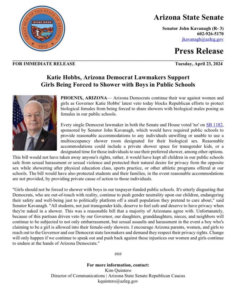 🚨FOR IMMEDIATE RELEASE: Katie Hobbs, Arizona Democrat Lawmakers Support Girls Being Forced to Shower with Boys in Public Schools