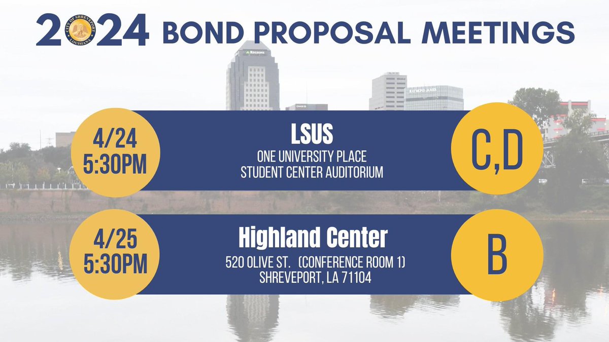 There are two more opportunities to attend Community Bond Meetings and ask questions:
👉 Wednesday, April 24, 2024
✔5:30pm
✔ LSU Shreveport 
One University Place

👉Thursday, April 25
✔5:30pm
✔Highland Center
520 Olive St.

I ❤ Shreveport