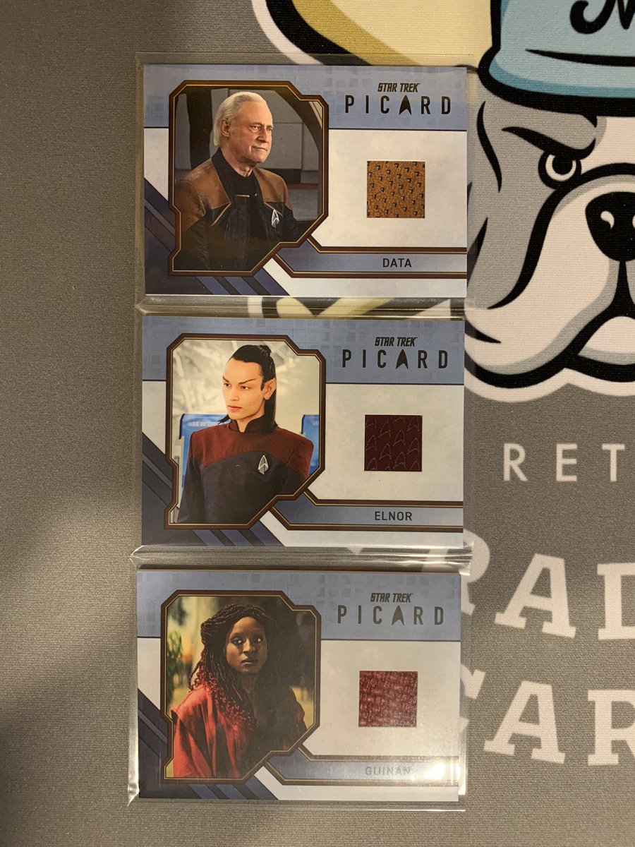 @TGNCards Star Trek Picard Seasons 2/3 autos & relics Full Bleed commons $8 ea Santiago (Rios) $45 Tim Russ $50 Inscriptions: Azizi $30, Chad $10, Karl $10, Leif $15, Toni $25 Relics: Data $25, Guinan $15, Elnor $15 Complete base sets $10 I’d rather trade than sell but open to both