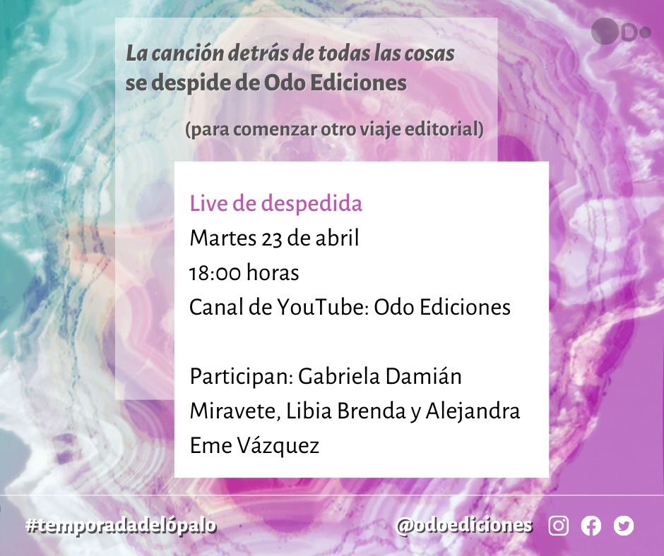 HOY A LAS 18:00 HORAS _La canción detrás de todas las cosas_ se despide de Odo Ediciones para comenzar un nuevo viaje editorial 🧡✨ y tendremos un live en donde estaremos leyendo sus comentarios y preguntas. ¡Vengan a nuestro canal de Youtube! youtube.com/live/KglPcKubZ…