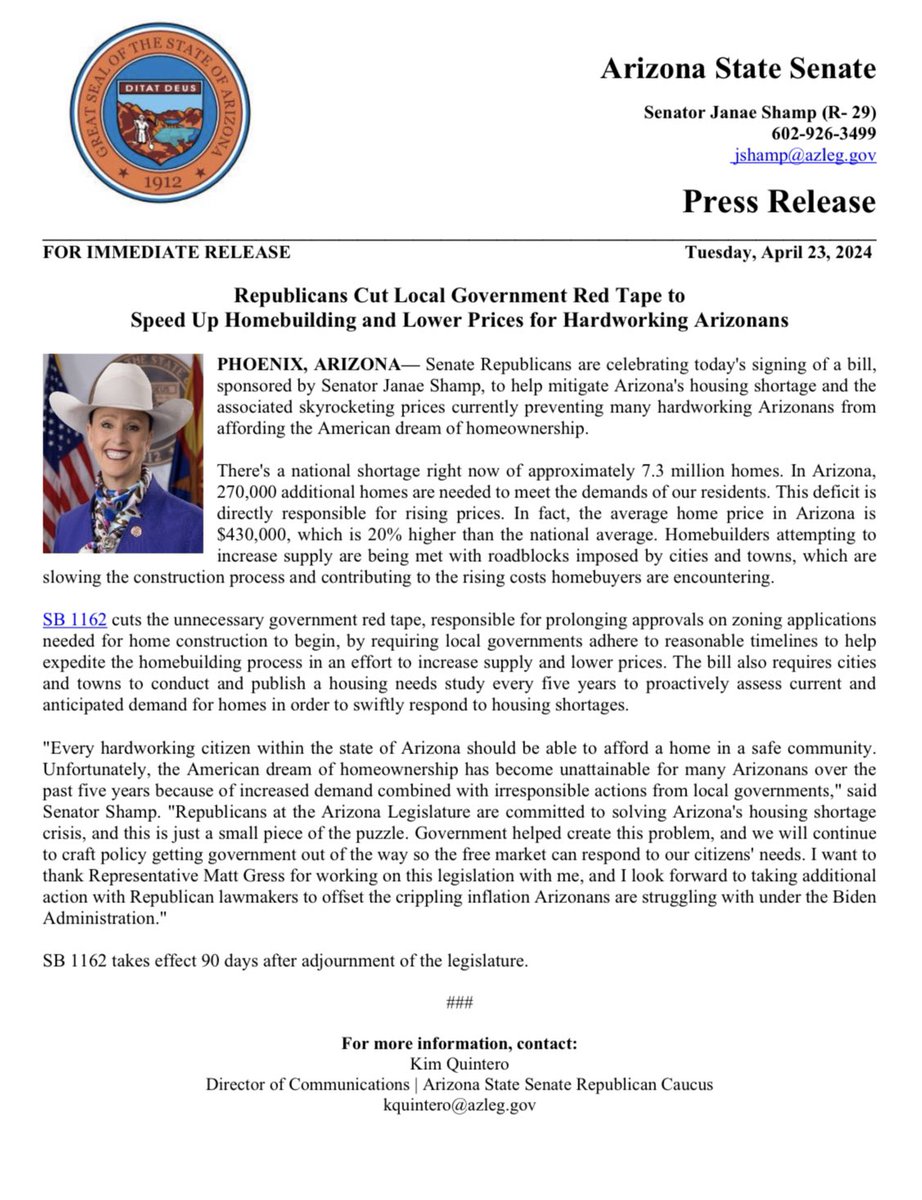 🚨 FOR IMMEDIATE RELEASE: Republicans Cut Local Government Red Tape to Speed Up Homebuilding and Lower Prices for Hardworking Arizonans