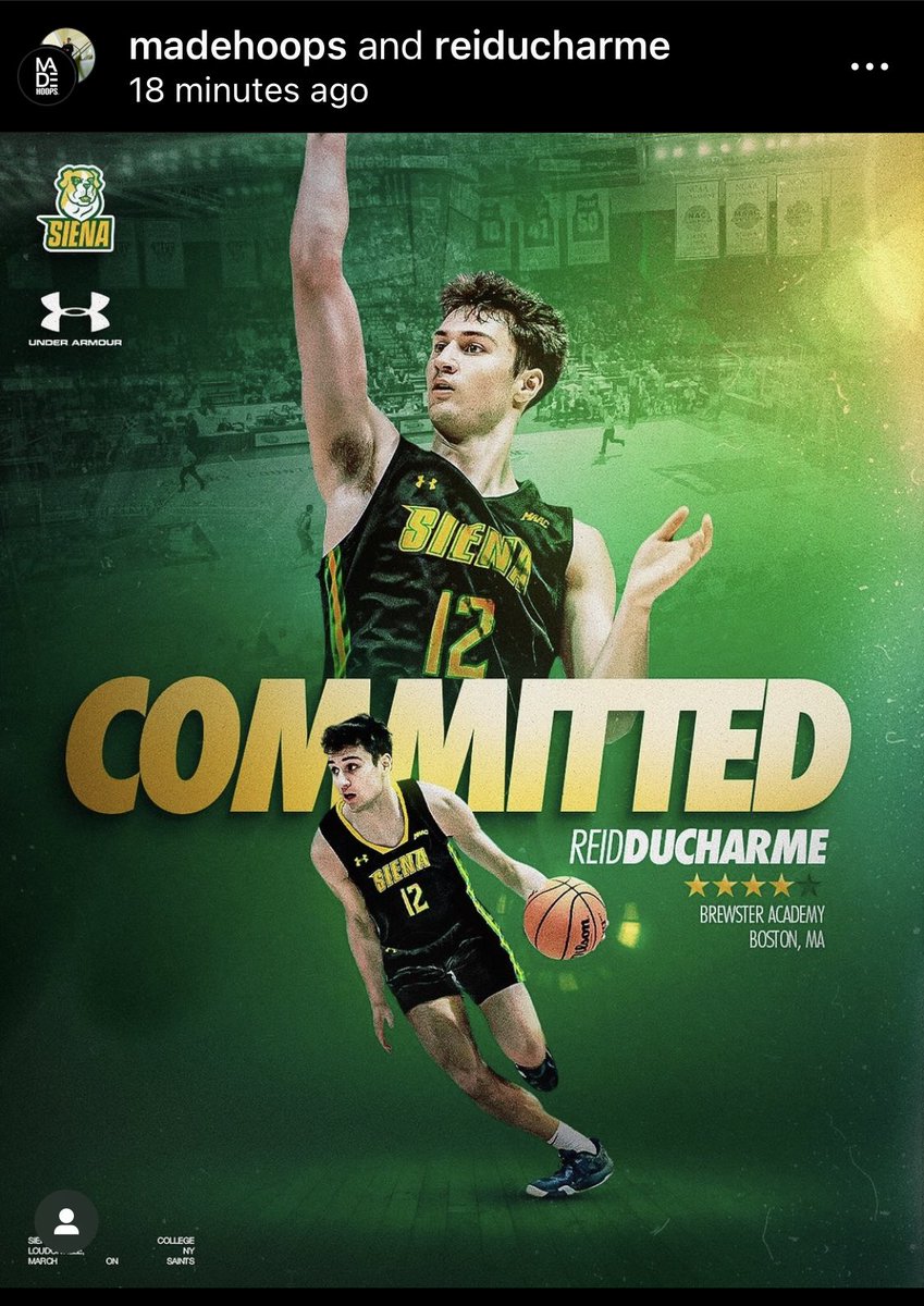 BREAKING: Xavier transfer Reid Ducharme, a former 4-star recruit in the class of 2023, has committed to Siena.

Ducharme, a 6-7 wing, from Boston by way of Brewster Academy, was All-NEPSAC Second Team two years in a row