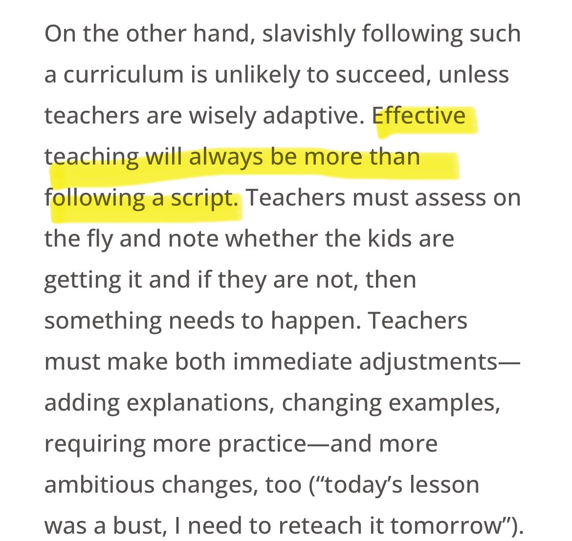 Scripts are important to give us framework but Ts must also build skills and T wisdom to know when and how to adjust & be responsive to Ss needs for effective learning while staying true to the core of the lesson. shanahanonliteracy.com/blog/what-does…