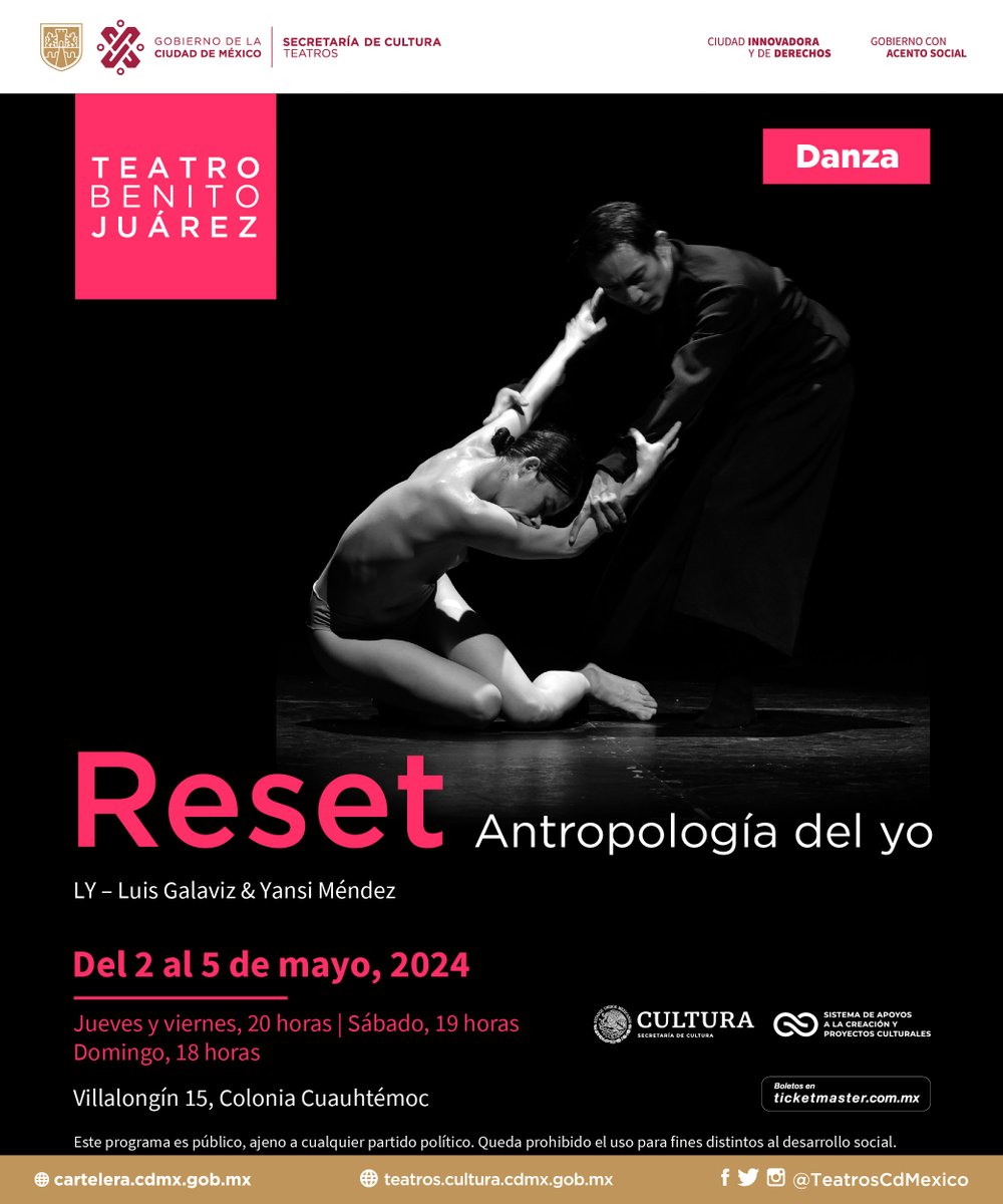 Una coreografía que aborda el concepto de los ciclos y la necesidad de reiniciarse en ellos durante cada una de las etapas de la vida. No te pierdas del 2 al 5 de mayo en el #TeatroBenitoJuárez la propuesta #ResetAntropologíaDelYo. 🎟️ bit.ly/49x9SZ1