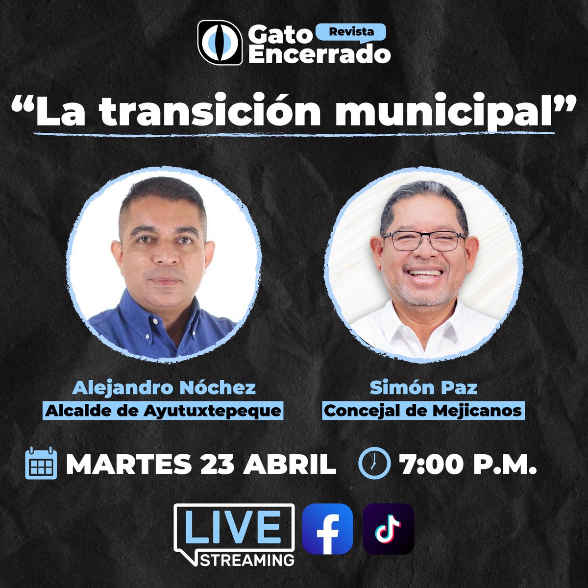 #EnVivo| A partir del 1 de mayo comenzará un nuevo periodo y una transición municipal en el país. Acompáñanos a hablar sobre este tema con @AlcaldeNochez, actual alcalde de Ayutuxtepeque y el concejal de Mejicanos, @SimonPaz_Sv. ¡No te pierdas! ⏰7:00pm Sintoniza