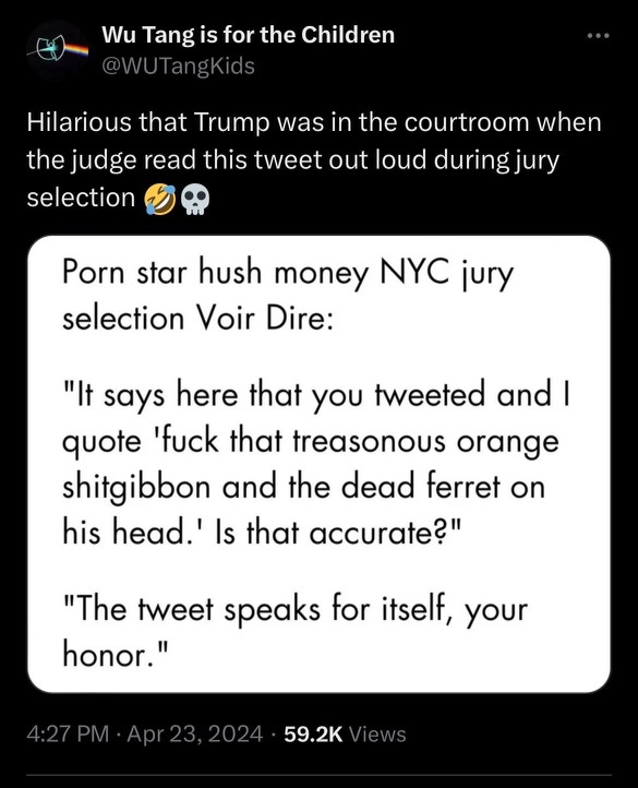 During last week's Jury Selection of the #TrumpTrial:

#TrumpTrials Trump Tower Judge Cannon Election Interference Hope Hicks LOCK HIM UP Merchan Dark Brandon Fear #TrumpSmellsLikeAss #HousingNotHandcuffs Mike Lee David Pecker National Enquirer Blanche Cohen #TrumpIsGuilty