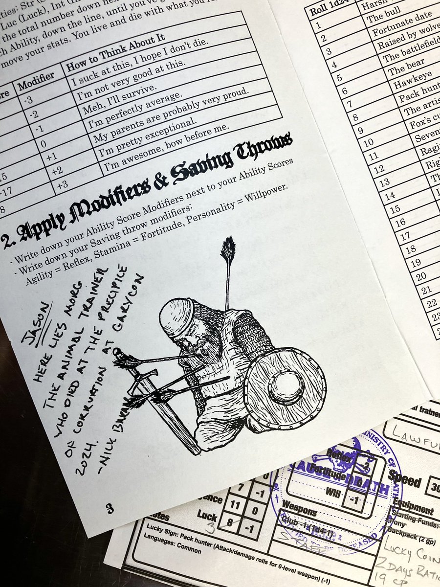 Shout out to Nick @BrokenContract , for creating such an amazing game!
Still using parts of the Stennard Character Creation Guide, such an amazing 10 pages!
#dungeoncrawlclassics #breakerpressgames #dcc #gamingwithfriends #ttrpgcommunity #rpg #originalgrognard #stennard