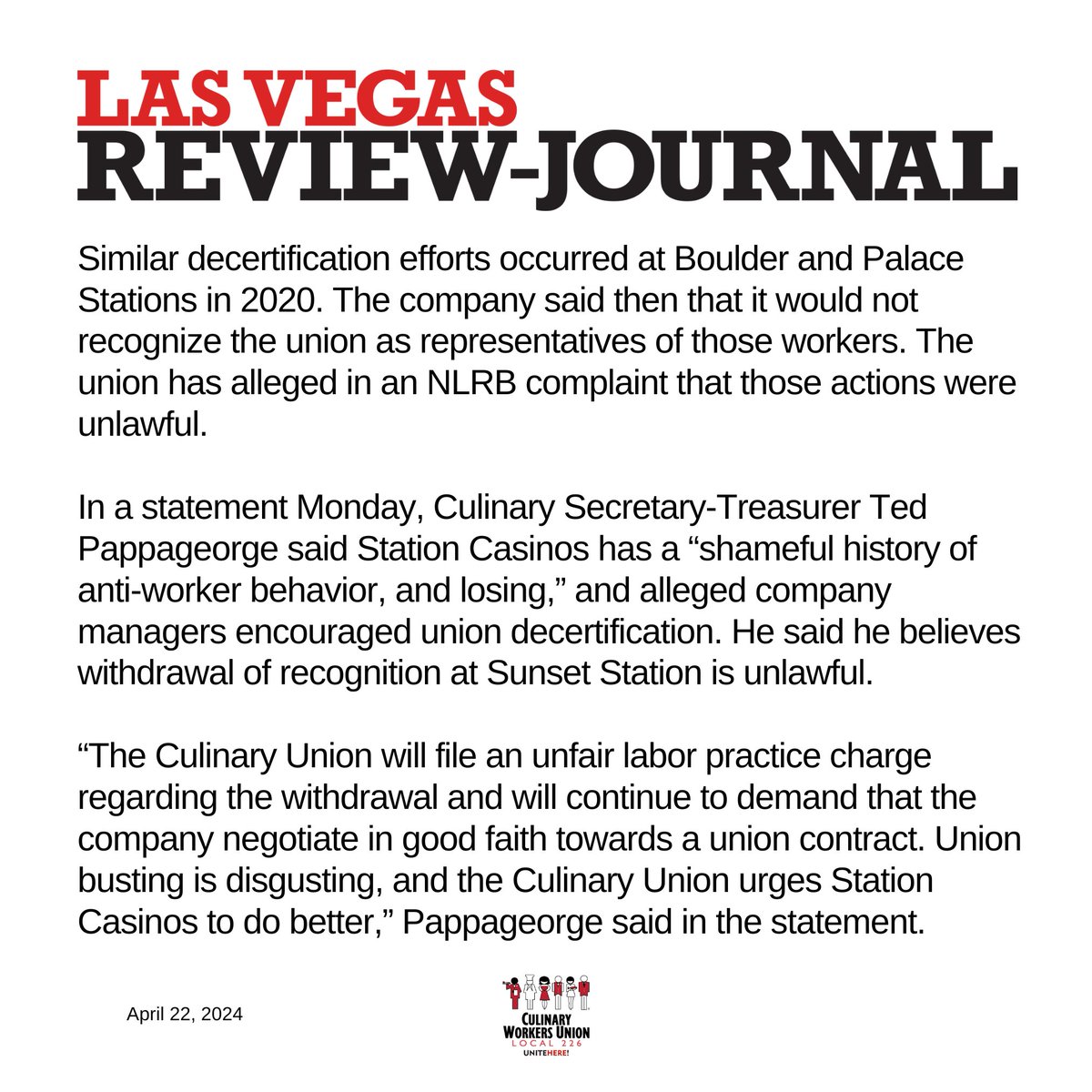 Culinary Union will file an unfair labor practice charge regarding the withdrawal & will continue to demand that company negotiate in good faith towards a union contract. Union busting is disgusting, & Culinary Union urges #StationCasinos to do better $RRR reviewjournal.com/business/casin…