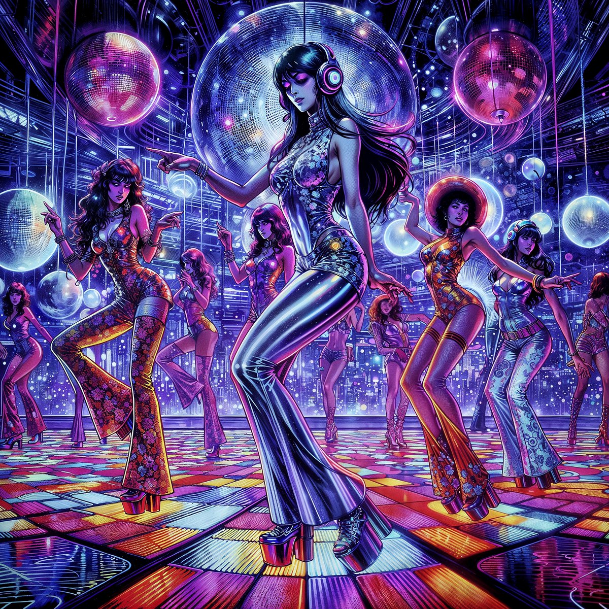 #AI #aigirl #AIArtCommuity #aiart #aiartwork #aiartcommunity #scifiart #virtualphotography #Cyberpunk 
Psychedelic Nights: A Retro-Futuristic Manga Club.💃🕺😍