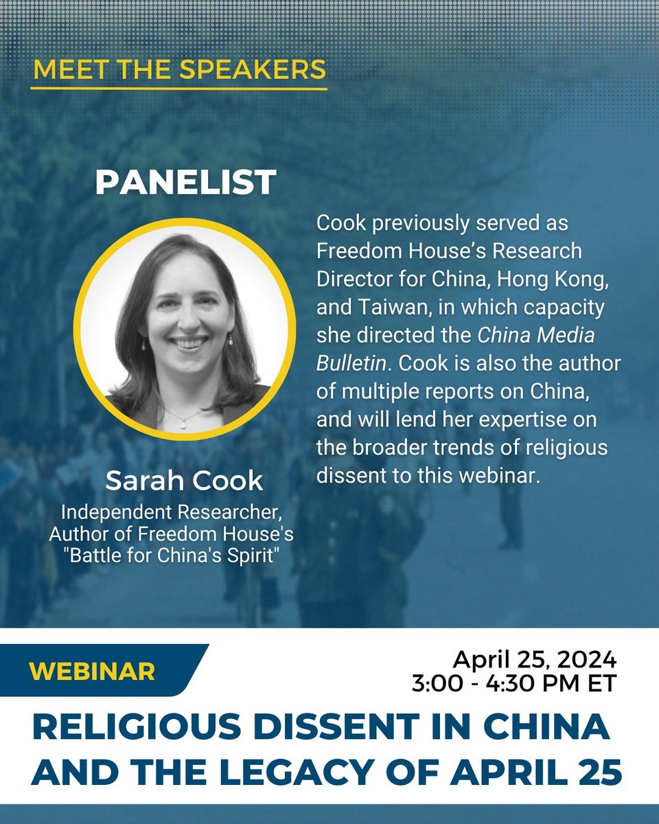 Join us in 2 days for our webinar, featuring @Sarah_G_Cook, a renowned China expert and author of multiple @freedomhouse reports. Cook will delve into the landscape of religious dissent in China and examine the aftermath of the April 25th appeals. RSVP: app.livestorm.co/falun-dafa-inf…