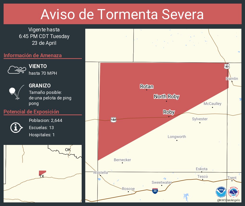 Aviso de Tormenta Severa continúa Rotan TX, Roby TX, Royston TX hasta las 6:45 PM CDT. ¡Esta tormenta contiene ráfagas de vientos de 70 MPH!