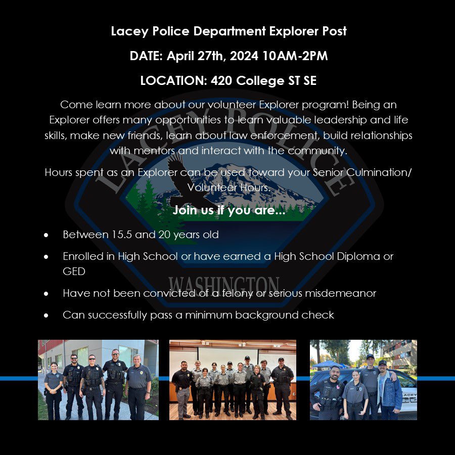 It’s #VolunteerAppreciationWeek and we want to thank our awesome #volunteer #Explorers! 🤗🚓 If you know someone who would be interested in joining our program, come check it out this Saturday, 4/27 from 10AM-2PM here at Lacey PD. #Experience #ResumeBuilder #ThankYou #LaceyPD