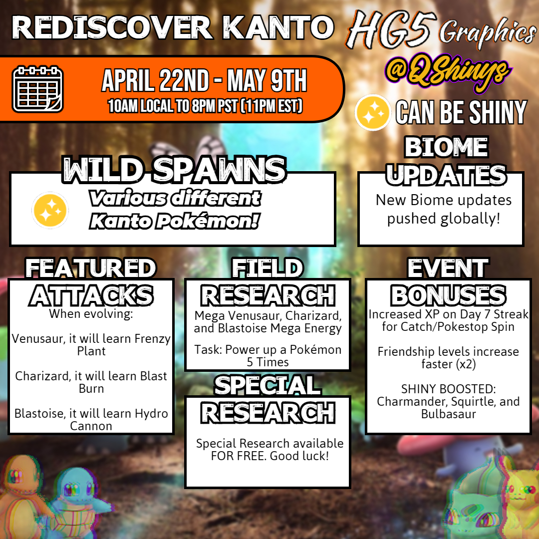 It's time to 'Rediscover Kanto' until May 9th 2024, with the introduction of Wigglet in the Beach Biome!

😱 Kanto Pokemon spawning more often
✨ Shiny boosted Pokemon during the event!
🏔️ Biome Update is here!
➕ Much More!

#PokemonGO | #HG5Graphics x @Qshinys