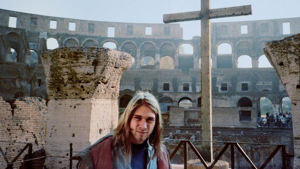 Kurt Cobain at the Colosseum in Rome after an impromptu trip following an on stage nervous breakdown, 1989.