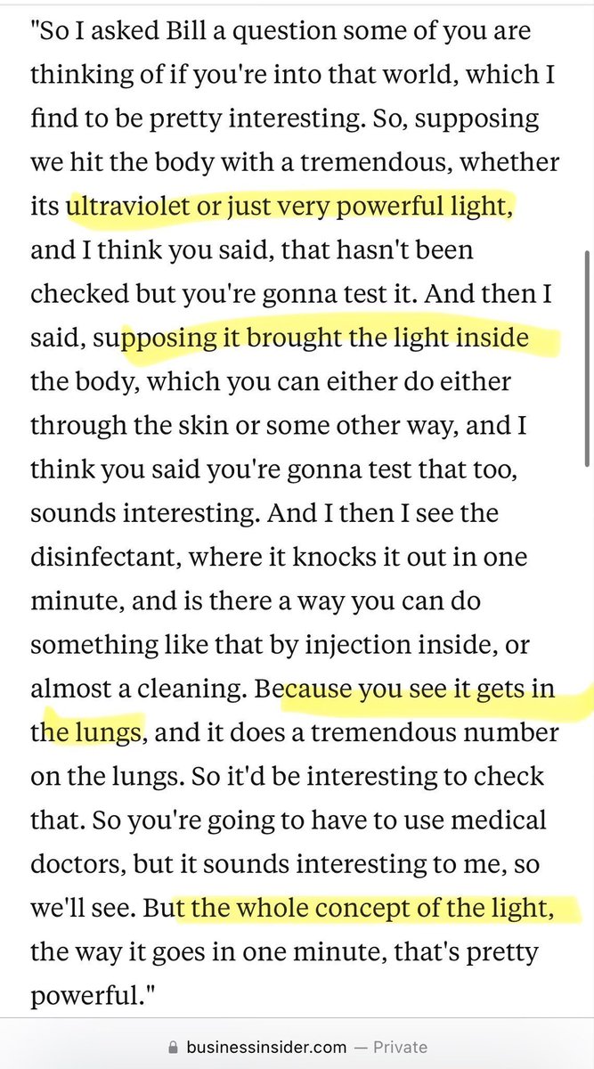 @Logically_JC Here is a transcript of what Trump said. He was commenting on possibilities presented by new medtech, including light based disinfectant. He added that these therapies were at a  doctor's discretion.Nowhere in his comments does he suggest that lay people inject liquid bleach.