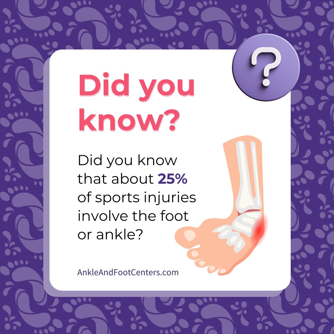 Did you know about 25% of sports injuries involve the foot or ankle? 🦶 If you're dealing with a foot or ankle issue, visit us at Ankle and Foot Centers of America. We're here to help you recover and get back to the activities you love. 🏃‍♂️ ❤️ #AnkleAndFootCenters...