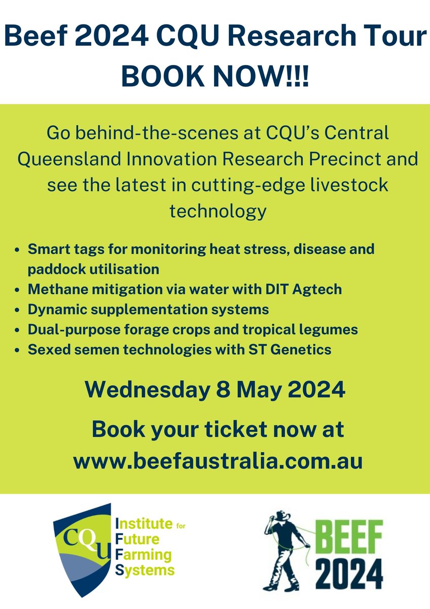 It's not too late to secure your ticket to the @CQU #beef research tour at @BeefAustralia ! Book your ticket today to the #CQIRP tour at tickets.beefaustralia.com.au/event/westpac-… #Beef24 #agtech @meatlivestock @NTCattlemen @AgForceQLD @DAFFgov @DAFQld @DIT_AgTech @STgenetics