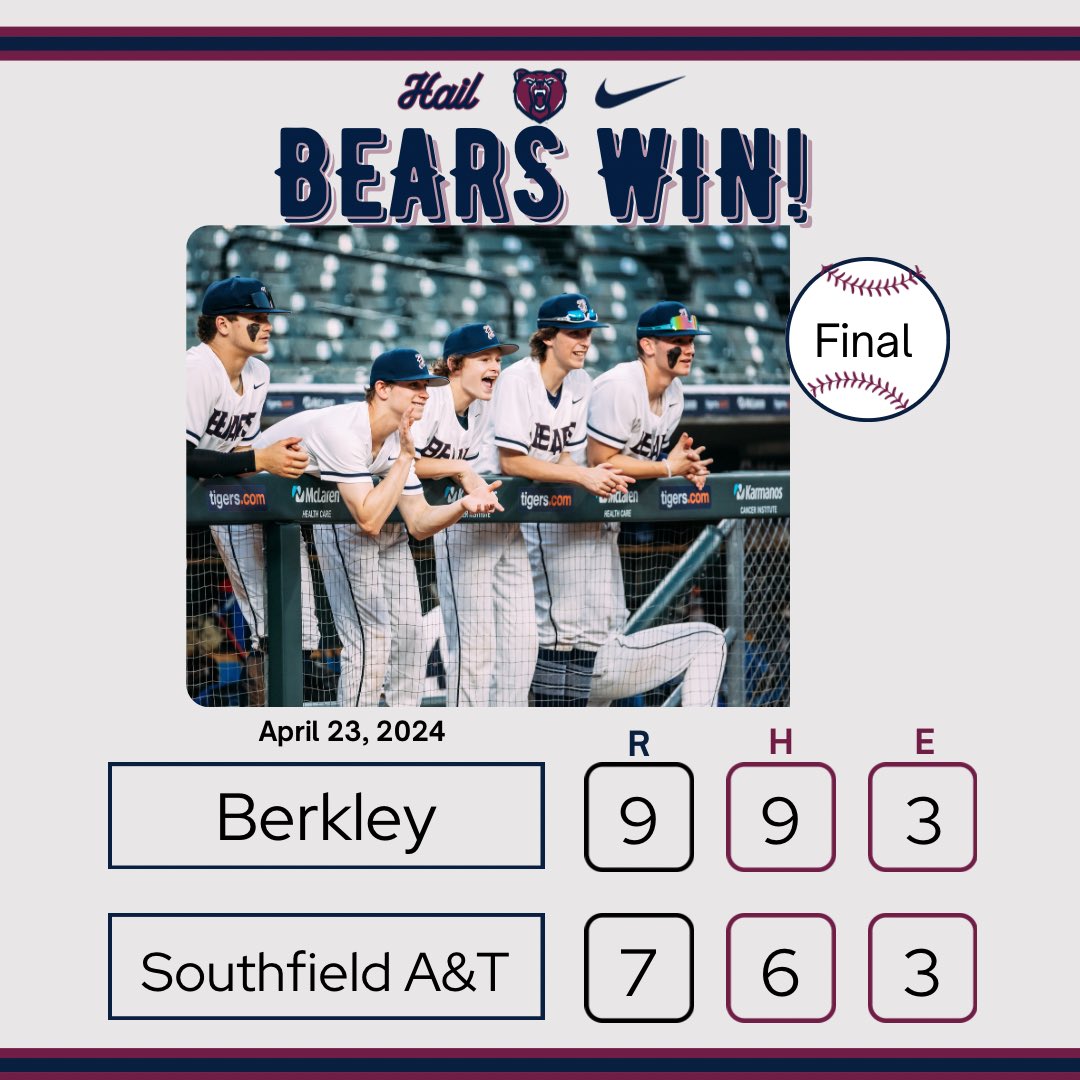Berkley Baseball (@berkleybaseball) on Twitter photo Bears hold off a determined Southfield A&T team, 9-7.
<a href="/benner_dane/">Dane Benner</a> 2-4 2RBI
@SPancake66 1-2 RBI 3SB (W) 4IP 4K 2H 0BB 1 ER
Alex Kraus 1-2 RBI
<a href="/BenjaminStree18/">Benjamin Streetman</a> 2-4 RBI
<a href="/Alexand64093793/">Alexander Beard</a> 1-4 RBI
Berkley hosts the Warriors in the series finale Thursday at 4:45 pm. #GoBears Bears hold off a determined Southfield A&T team, 9-7.
<a href="/benner_dane/">Dane Benner</a> 2-4 2RBI
@SPancake66 1-2 RBI 3SB (W) 4IP 4K 2H 0BB 1 ER
Alex Kraus 1-2 RBI
<a href="/BenjaminStree18/">Benjamin Streetman</a> 2-4 RBI
<a href="/Alexand64093793/">Alexander Beard</a> 1-4 RBI
Berkley hosts the Warriors in the series finale Thursday at 4:45 pm. #GoBears