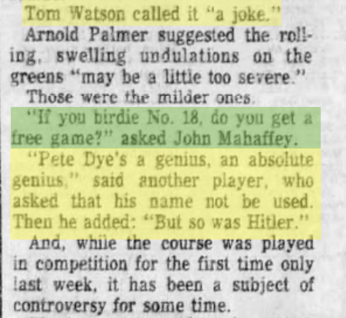 TPC Sawgrass was almost universally hated when it opened. Here are some amazing quotes from the professionals at the 1982 Players Championship. 

The Hitler comment was way over the top. That pro who made the quote asked to not be named.

@TPCSawgrass 
@THEPLAYERS