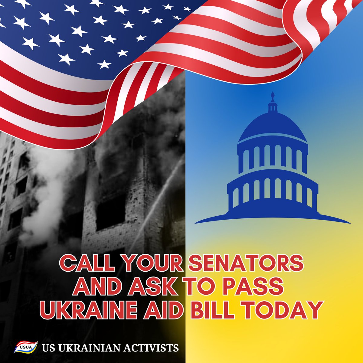 USUA_Activists's tweet photo. CALL your Senators and urge them to pass Ukraine Aid Bill TODAY!
On 4/20, the House of Representatives passed H.R. 8035, the Ukraine Security Supplemental Appropriations Act, 2024. The Senate will vote on the bill this evening. #CallYourSenators #UkrianeAid #USUA #StandWihUkraine https://t.co/gYUlNwL9xQ
