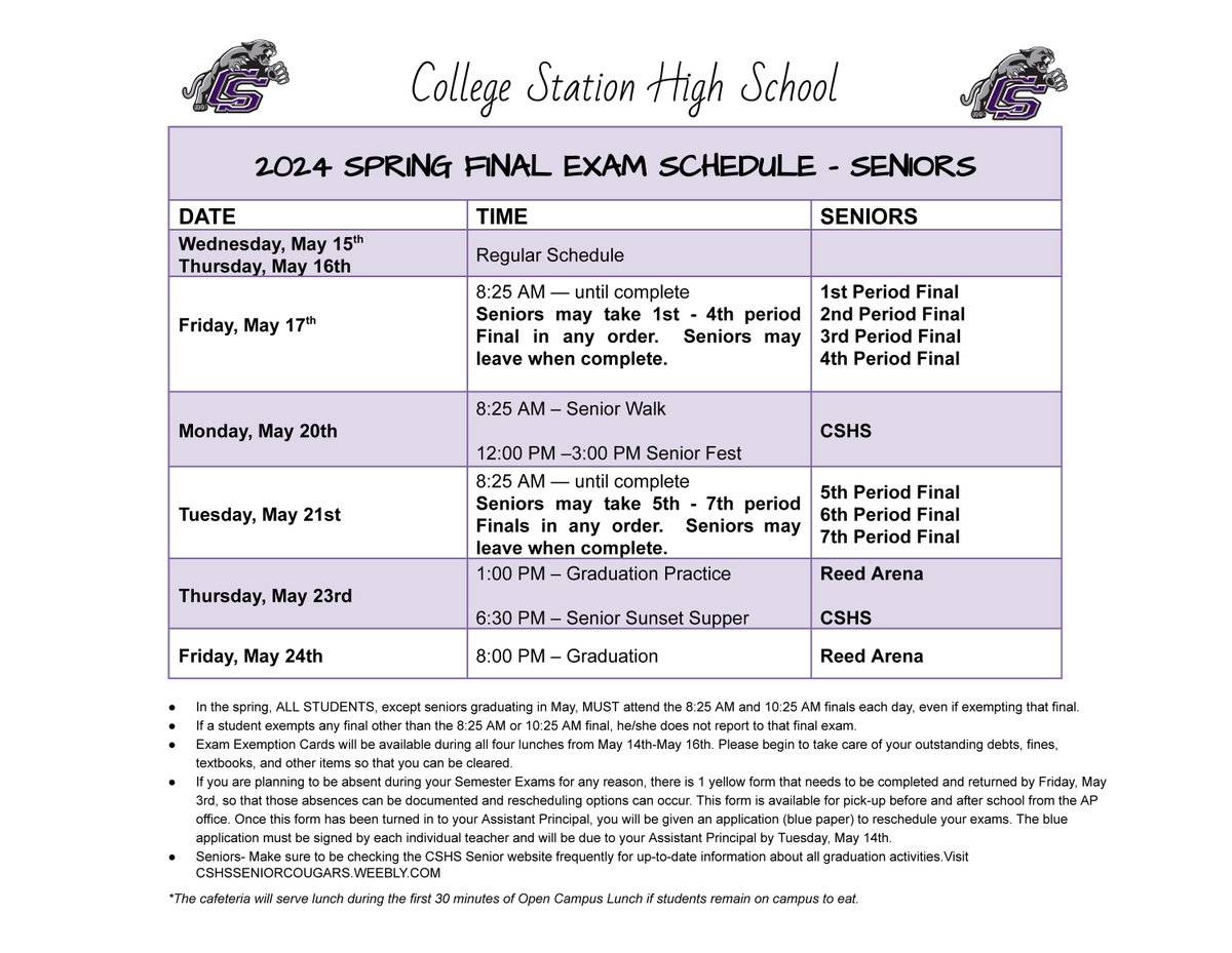 Attention Class of 2024! Senior Final Exam Schedule