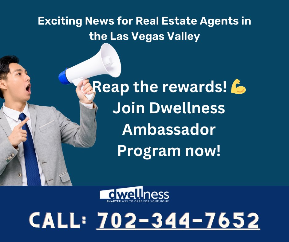 🎉 Exciting News for Real Estate Agents in the Las Vegas Valley! 🎉
Reach out to learn more and become a Dwellness Ambassador today! 🚀 More: dwellness.house/home-warranty/…  #Dwellness #RealEstate #LasVegasValley #AmbassadorProgram #HomeWarranty